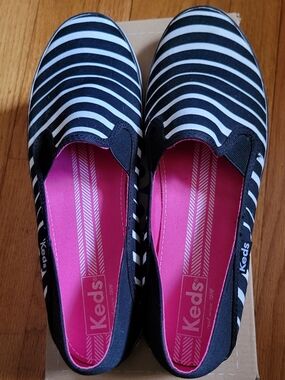 Keds Black and White Striped Slip-On Sneakers with Pink Insole